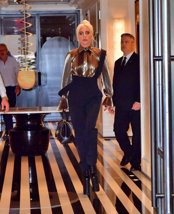Lady Gaga â Wear Gold Blouse paired with Trousers as she Steps out in New York City-03