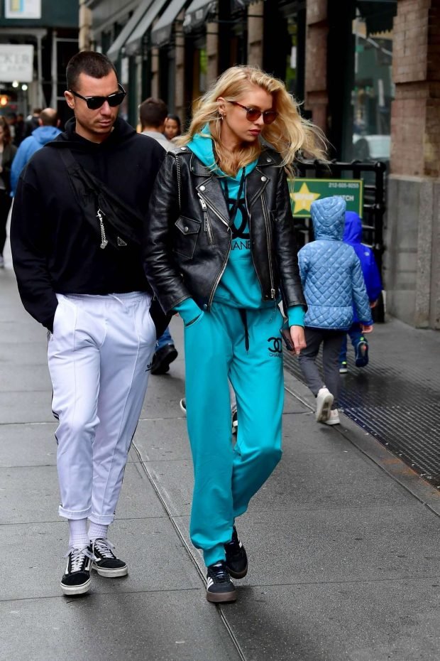 Stella Maxwell in Leather Jacket and Tracksuit -08