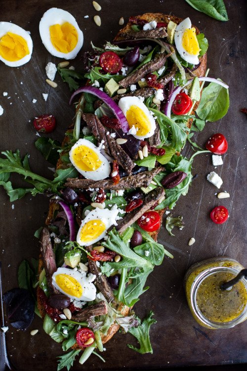 Greek Steak Salad French Bread with Soft Boiled Eggs and Feta