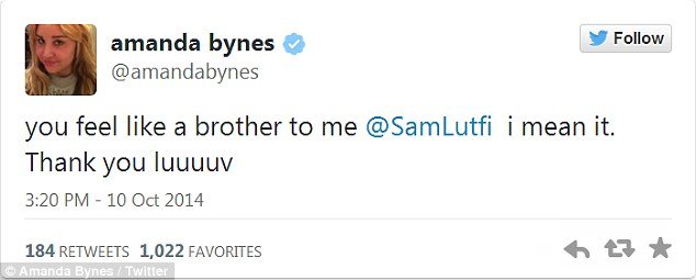 Твит Аманды Байнс о том, что Лютфи ей как брат