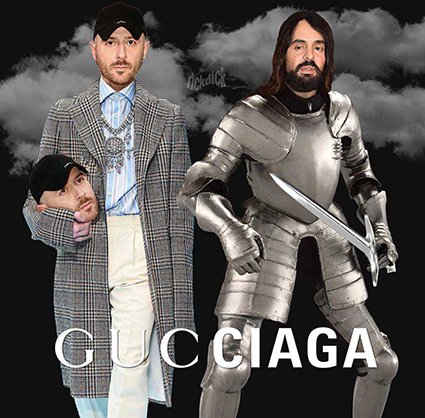Мем на тему коллаборации: Демна Гвасалия в образе с показа Gucci и Алессандро Микеле в образе из коллекции Balenciaga