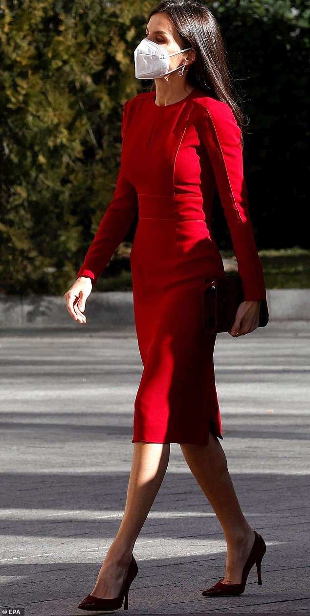 Letizia, 49, opted for a recycled dress by Carolina Herrera, which she first debuted back in 2018 paired with killer burnt red heels and a matching clutch bag