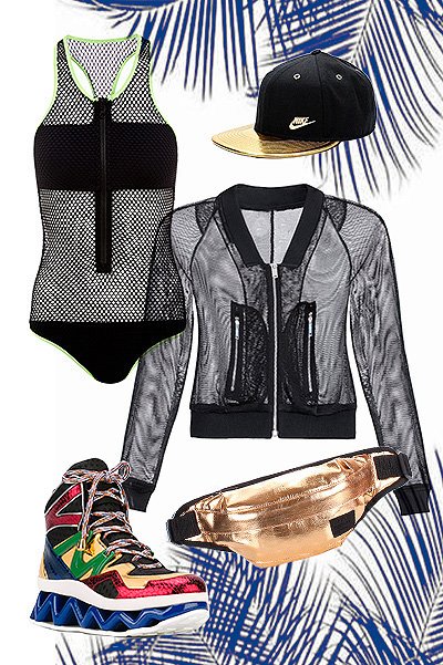 Купальник Melissa Odabash, бомбер Bottega Veneta, кроссовки Marc Jacobs, поясная сумка Nikita Gruzovik, бейсболка Nike 