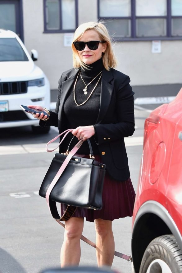 Reese Witherspoon 2019 : Reese Witherspoon – Wears a pleated purple skirt at her office with her bulldog-09