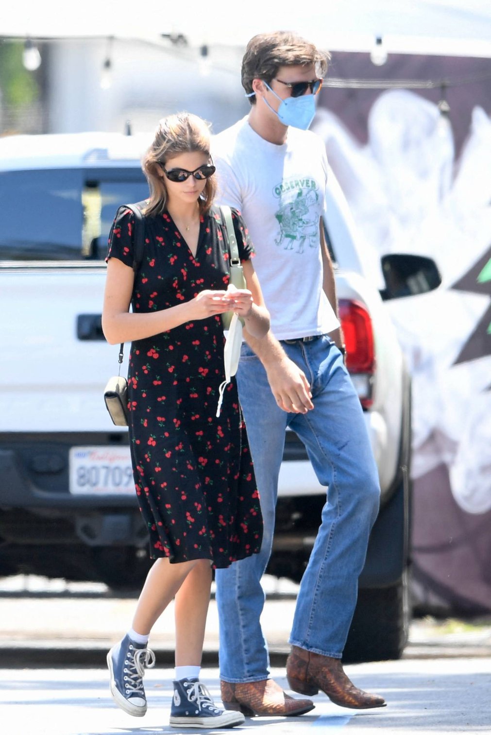 Kaia Gerber - Out in a cherry print dress in West Hollywood