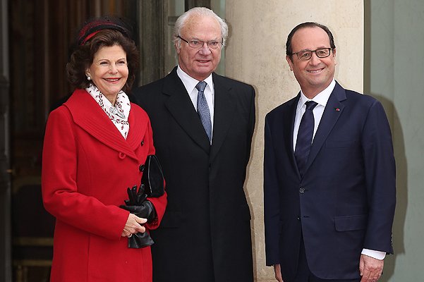 Президент Франсуа Олланд, королева Сильвия и король Карл XVI Густав