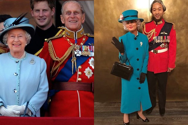 Королева Елизавета II, принц Гарри и принц Филипп/Крисси Тейген и Джон Ледженд