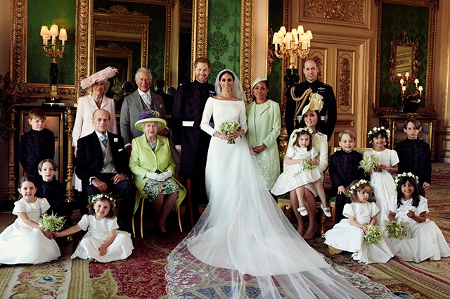 Стоят: Камилла Паркер-Боулз, принц Чарльз, принц Гарри, Меган Маркл, мать Меган Дория Рагланд, принц Уильям Сидят: принц Филипп, королева Елизавета II, Кейт Миддлтон и принцесса Шарлотта, принц Джордж, дети — подружки невесты и пажи 