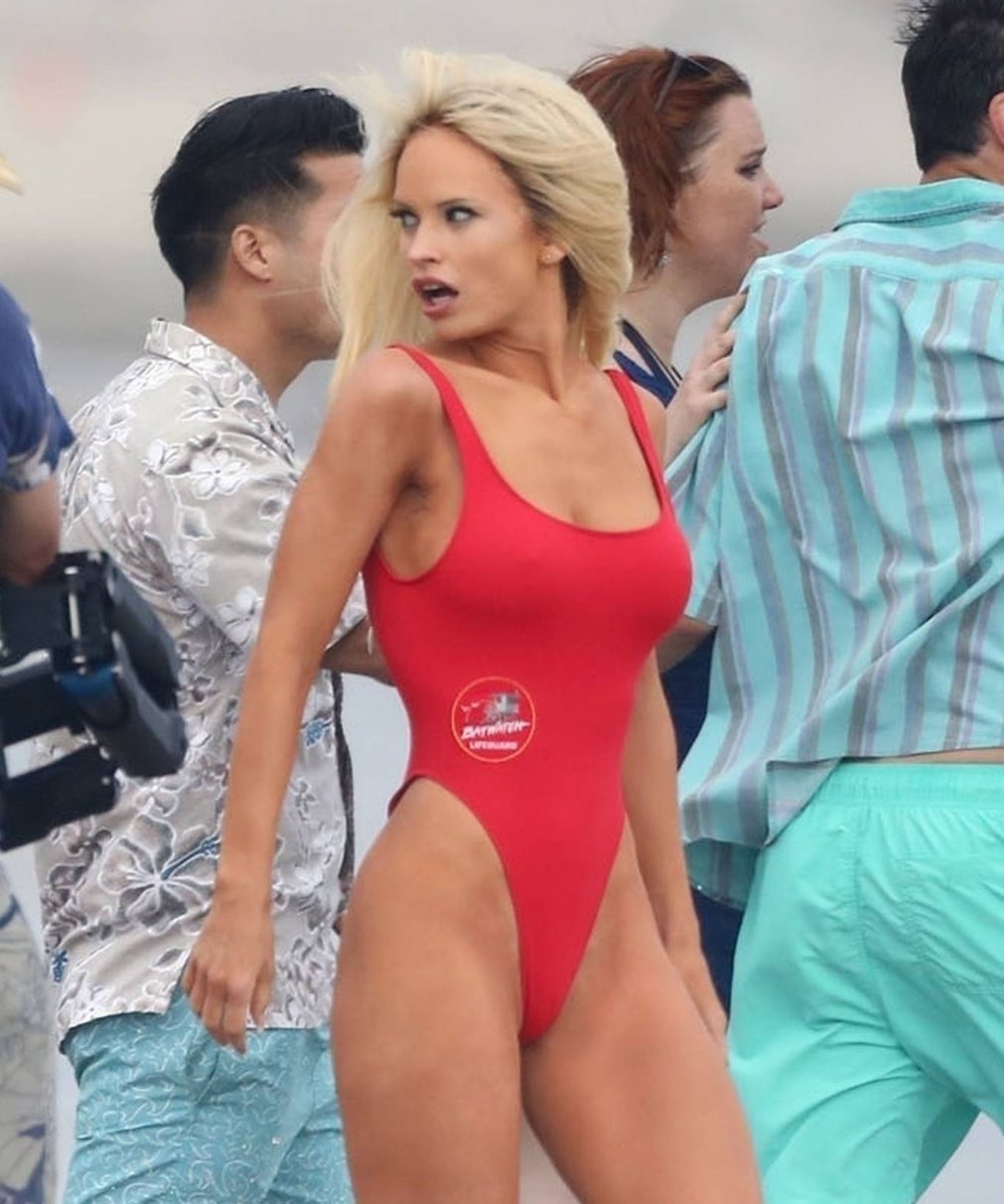 Lily James 2021 : Lily James – As Pamela Anderson in red swimsuit films Pam and Tommy in Malibu-25