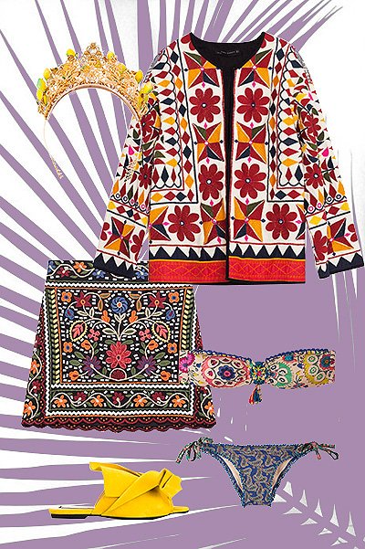 Купальник Emamo, юбка Zara, жакет Zara, босоножки N21, ободок Dolce & Gabbana 