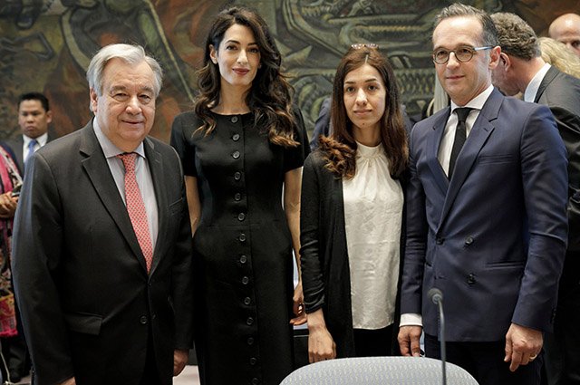 Генеральный секретарь ООН Антонио Гутерреш, Амаль Клуни, Надия Мурад и министр иностранных дел Германии Хайко Маас