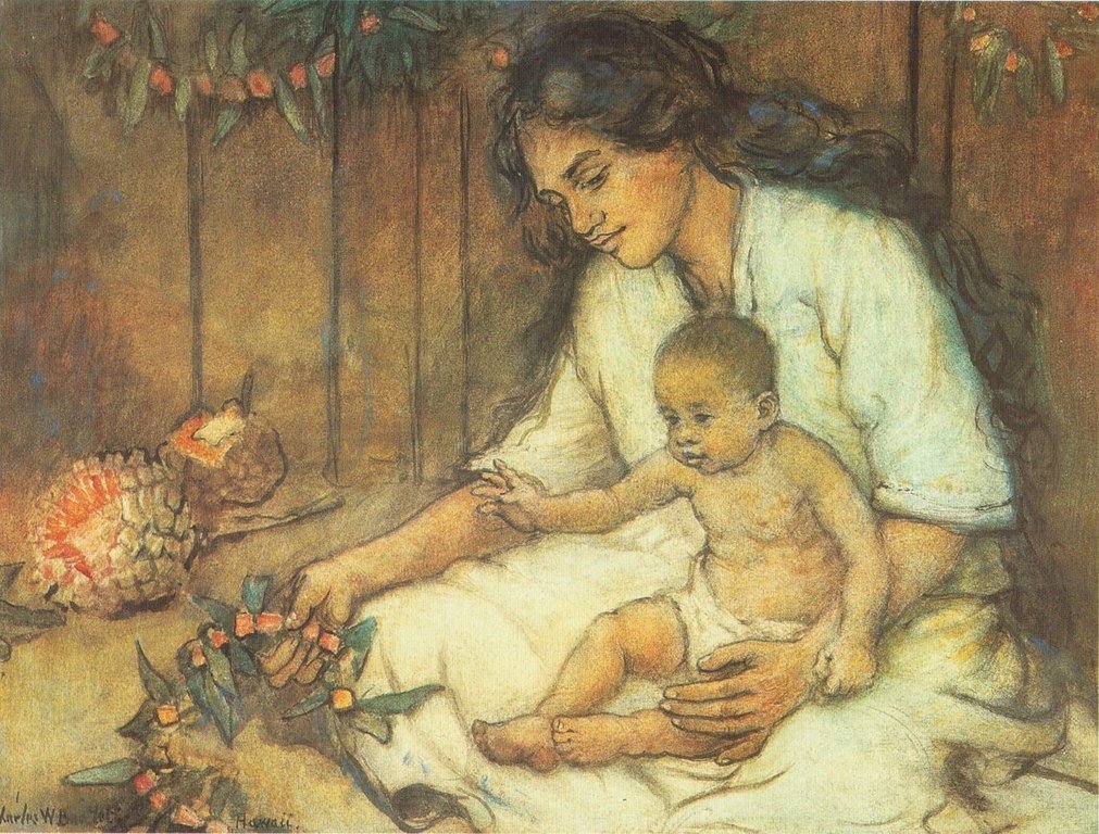 https://upload.wikimedia.org/wikipedia/commons/thumb/5/51/Charles_W._Bartlett_-_%27Hawaiian_Mother_and_Child%27%2C_watercolor_and_pastel_on_art_board%2C_c._1920.jpg/1011px-Charles_W._Bartlett_-_%27Hawaiian_Mother_and_Child%27%2C_watercolor_and_pastel_on_art_board%2C_c._1920.jpg