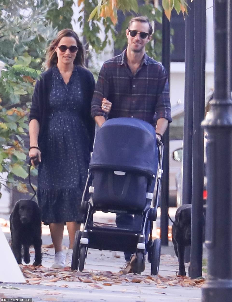 Proud parents Pippa Middleton and James Matthews have been seen for the first time with their newborn son. New father James, 43, pushed their six-day-old baby boy in a pram as they headed out for a stroll near their Â£17million west London home on Sunday, pictured