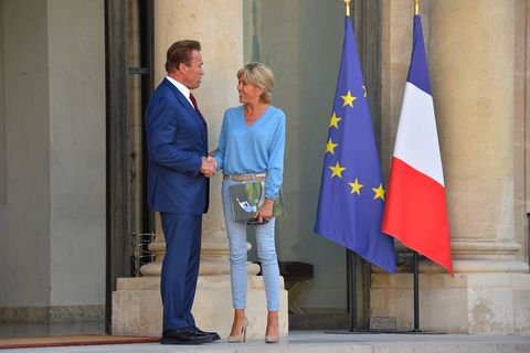 French President Emmanuel Macron Receives Arnold Schwarzenegger At Elysee Palace