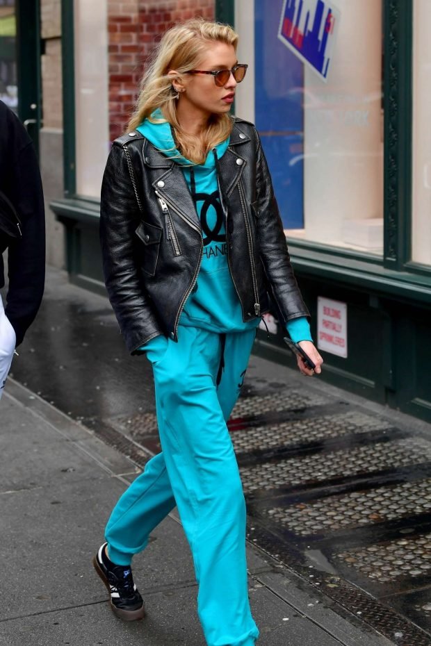 Stella Maxwell in Leather Jacket and Tracksuit - Out in New York City