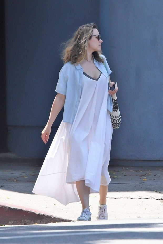Rachel McAdams in White Long Dress - Visits a coffee shop in LA