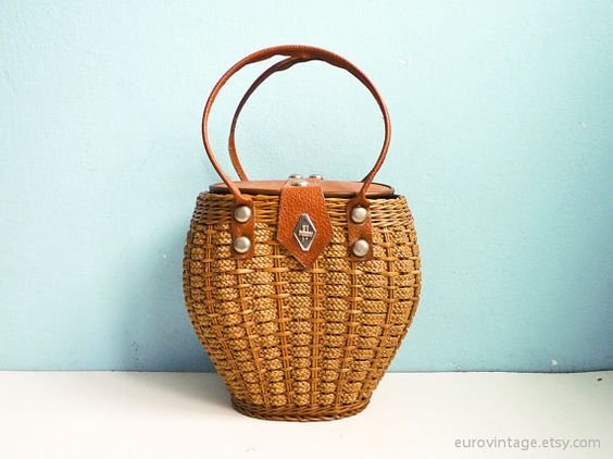 Vintage Woven Wicker & Rope Basket Bag 50s 60s Straw Purse: 