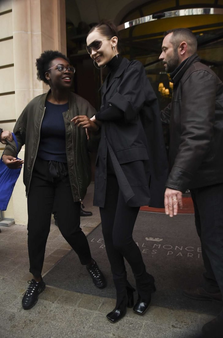 Bella Hadid in Black: Leaves her hotel in Paris -05