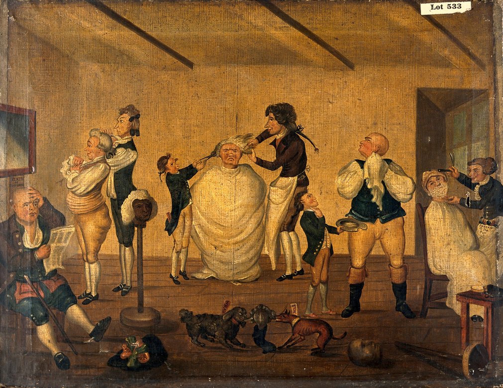 File:A barber's shop, 1784. Oil painting after Henry William Bunb ...