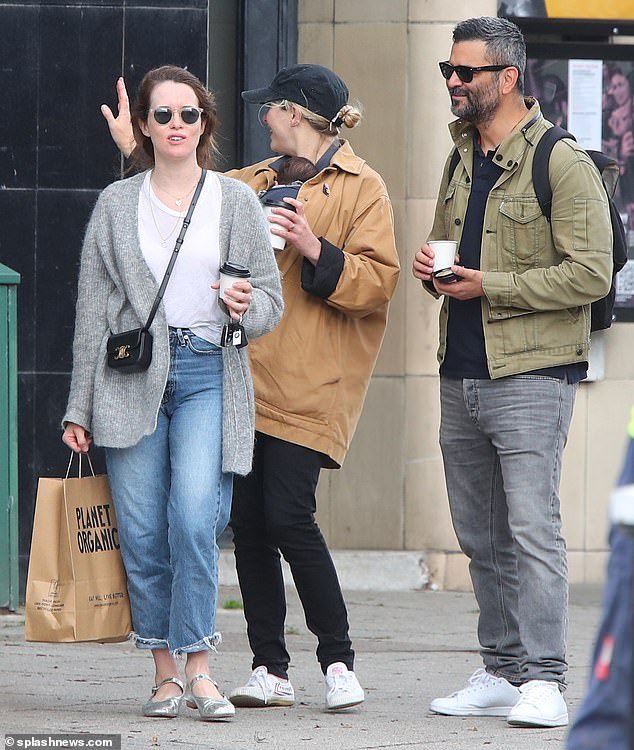 The Doctor Who actress, 39, was spotted for the first time with her newborn as she enjoyed a coffee with Miss Foy