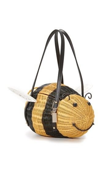 A playful Kate Spade New York clutch, shaped like a bee and rendered in glossy wicker.: 