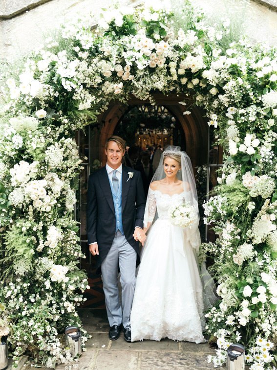 Wedding floral arch by John Carte flowers for Camilla Throp and Georges Blandford wedding at Blenheim palace chapel