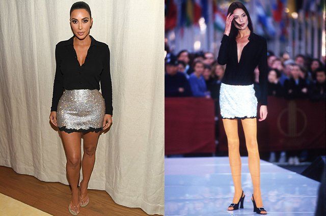 Ким Кардашьян в юбке от Versace из коллекции весна/лето-1996 и Шалом Харлоу в такой же юбке в 1996 году