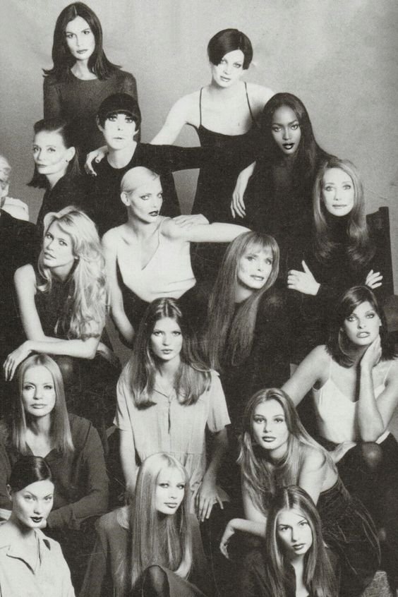 Susan Forristal, Kristen McMenamy, Chessy Rayner, Peggy Moffit, Naomi Campbell, Claudia Schiffer, Nadja Auermann, Marisa Berenson, Kate Moss, Ann Turkel, Linda Evangelista, Veruschka, Bridget Hall, Shalom Harlow, Kirsty Hume and Sofia Coppola photographed by Steven Meisel for Vogue Italia's 30th Anniversary issue.