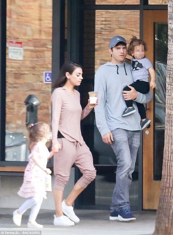 Family breakfast: Mila Kunis and Ashton Kutcher were seen taking their kids to breakfast at Joan's On Third in Studio City, California on Saturday morning