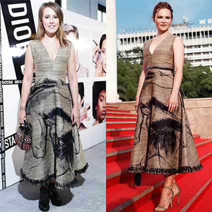 Ксения Собчак (июль, 2018) и Дарья Чаруша (июнь, 2019) в платьях от Dior