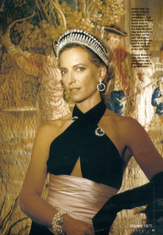 Princess Michael, wearing the London fringe with an added diamond riviere attached to a black velvet kokoshnic to show off the Russian heritage of her husband's family. Image courtesy of a magazine, but no idea which one.