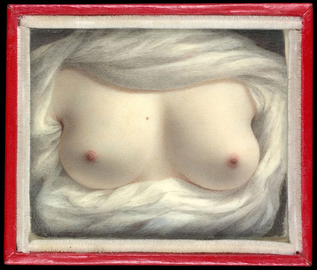 Miniature ivory self-portrait painting of a woman's exposed breasts surround by pale cloth