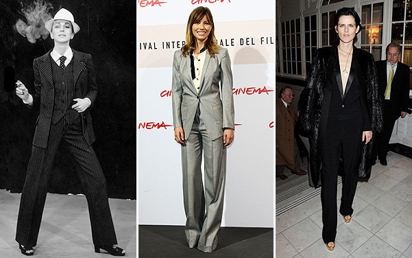 Брючный костюм Yves Saint Laurent,1966 год; Джессика Бил, 2008 год; Стелла Теннант, 2011 год