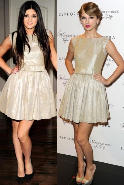 http://whoworeitbetter.co.uk/wp-content/uploads/2012/01/Kylie-Jenner-vs-Taylor-Swift-in-Contrarian+Gold-bow-dress.jpg