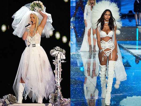 Бритни Спирс на MTV Video Music Awards, 2003 год; Лаис Рибейро на шоу Victoria's Secret, 2015 год