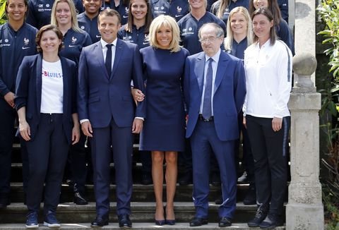 French President Emmanuel Macron Receives France Soccer Team In Clairefontaine