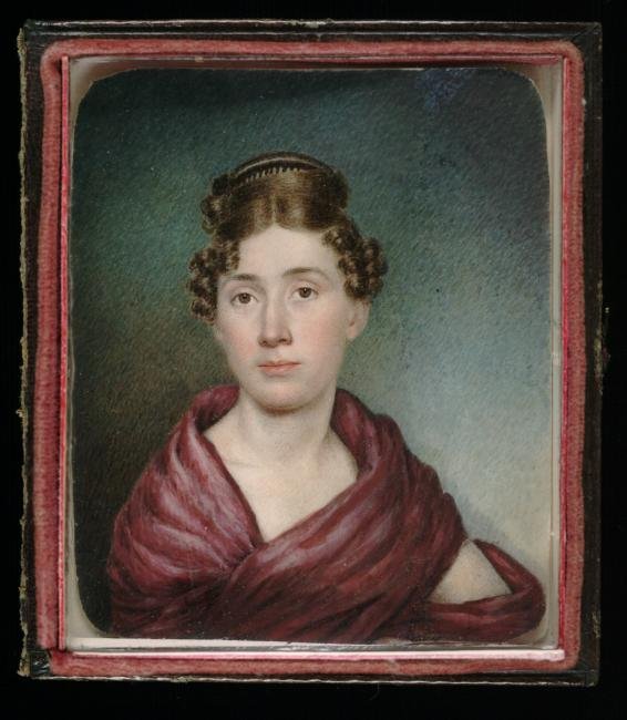 Self portrait of female artist Sarah Goodridge with ornate hairstyle and burgundy shawl