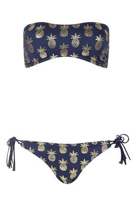 Pineapple Foil Print Bandeau Bikini Set: 
