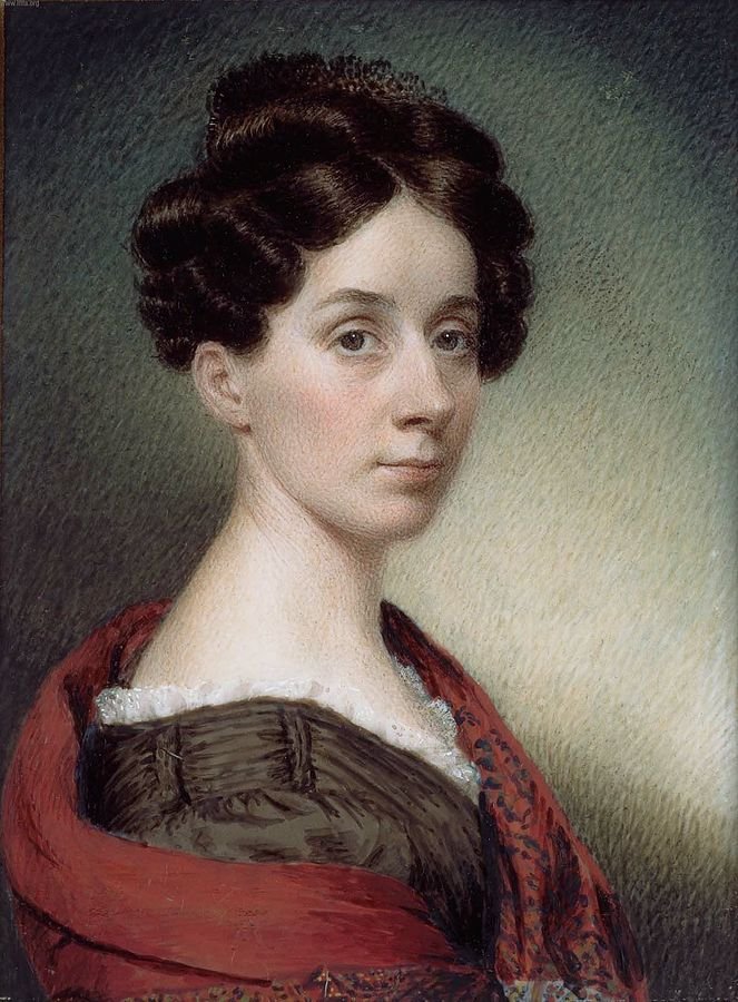 1830 self portrait of a posed looking female artist with a red shawl