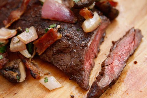 Grilled Skirt Steak with Mushrooms, Blue Cheese and Bacon