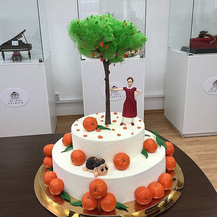 Торт с мандариновым карамельным деревом и шоколадными мандаринками еда, торт